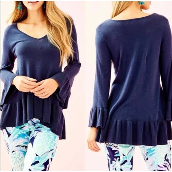 Lilly Pulitzer Adela Sweater Ruffle Pullover V Neck Bell Sleeves Navy Size XS - Picture 1 of 11